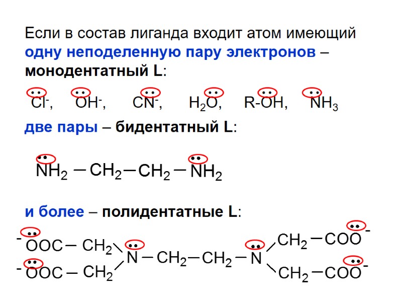 Если в состав лиганда входит атом имеющий одну неподеленную пару электронов – монодентатный L: